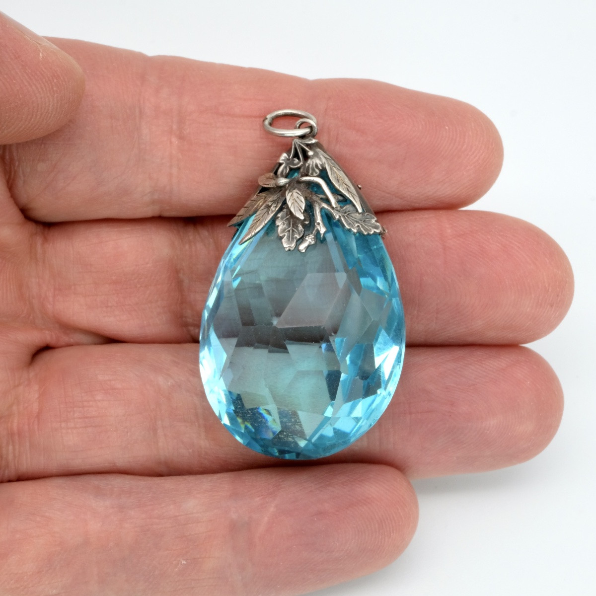 Pendentif Arts and Crafts goutte facettée feuillages argent 1930-photo-5