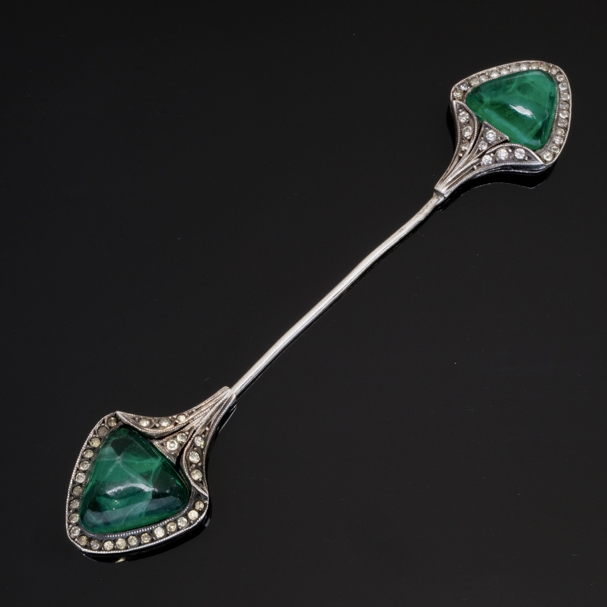 Art Deco Period Silver Jabot Pin With Emerald-colored Crystals