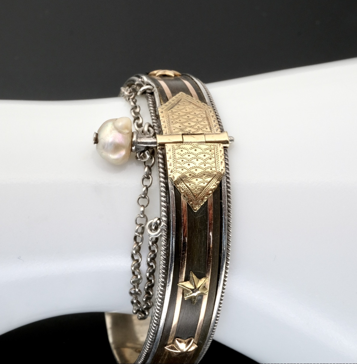 Bracelet Napoléon III argent perles étoiles or, écrin d'époque-photo-1