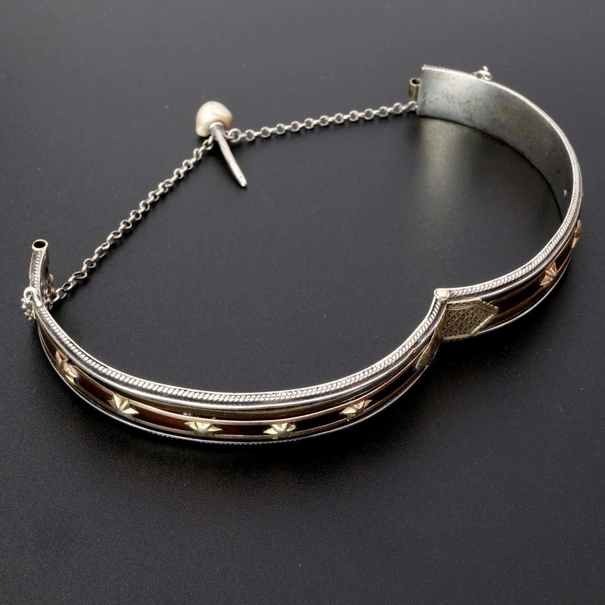 Bracelet Napoléon III argent perles étoiles or, écrin d'époque-photo-2