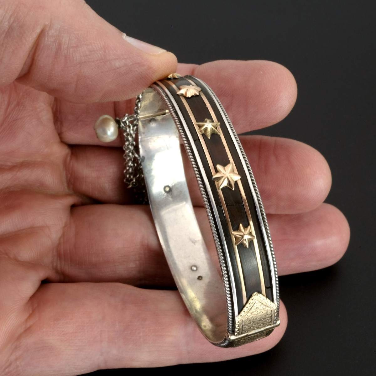 Bracelet Napoléon III argent perles étoiles or, écrin d'époque-photo-6