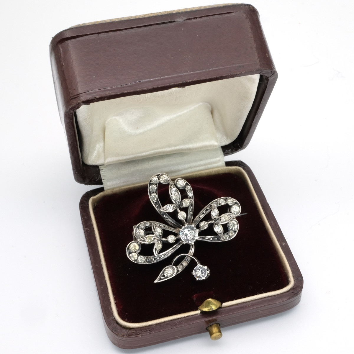 Broche trèfle 19ème siècle argent et cristaux dans son écrin ancien-photo-2