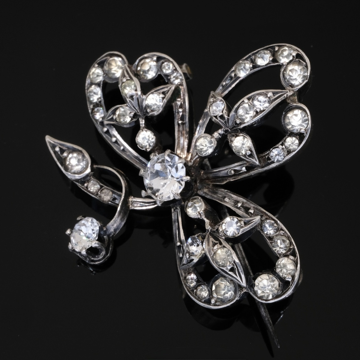 Broche trèfle 19ème siècle argent et cristaux dans son écrin ancien-photo-3