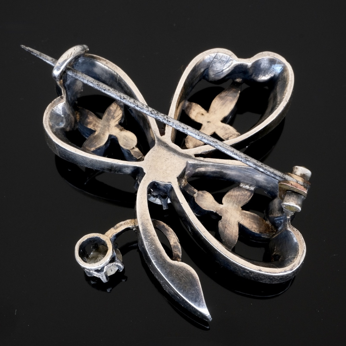 Broche trèfle 19ème siècle argent et cristaux dans son écrin ancien-photo-1