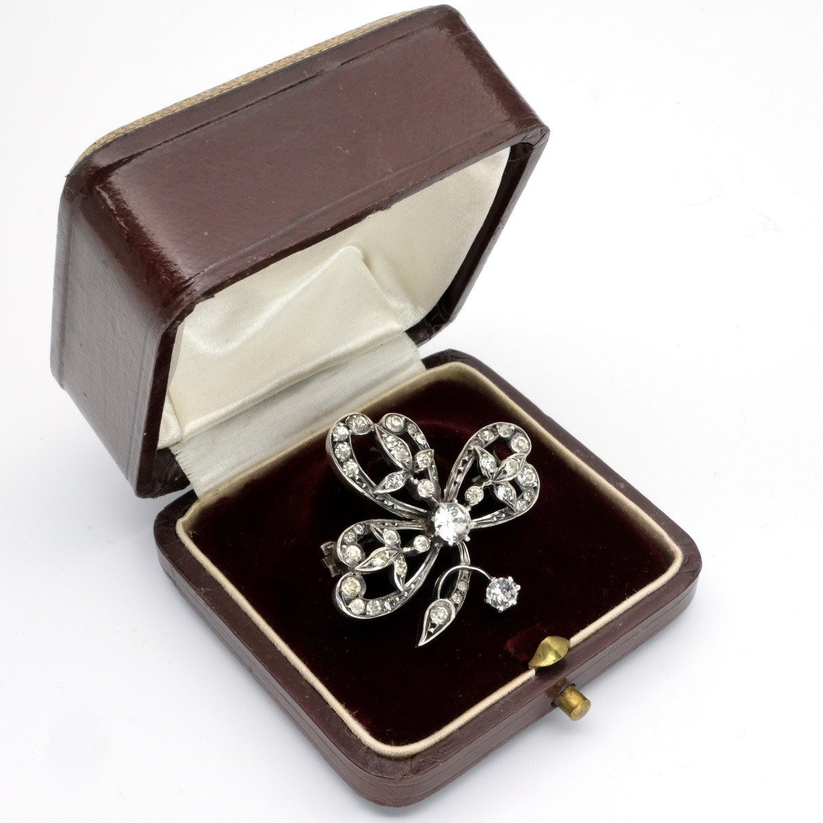 Broche trèfle 19ème siècle argent et cristaux dans son écrin ancien-photo-2