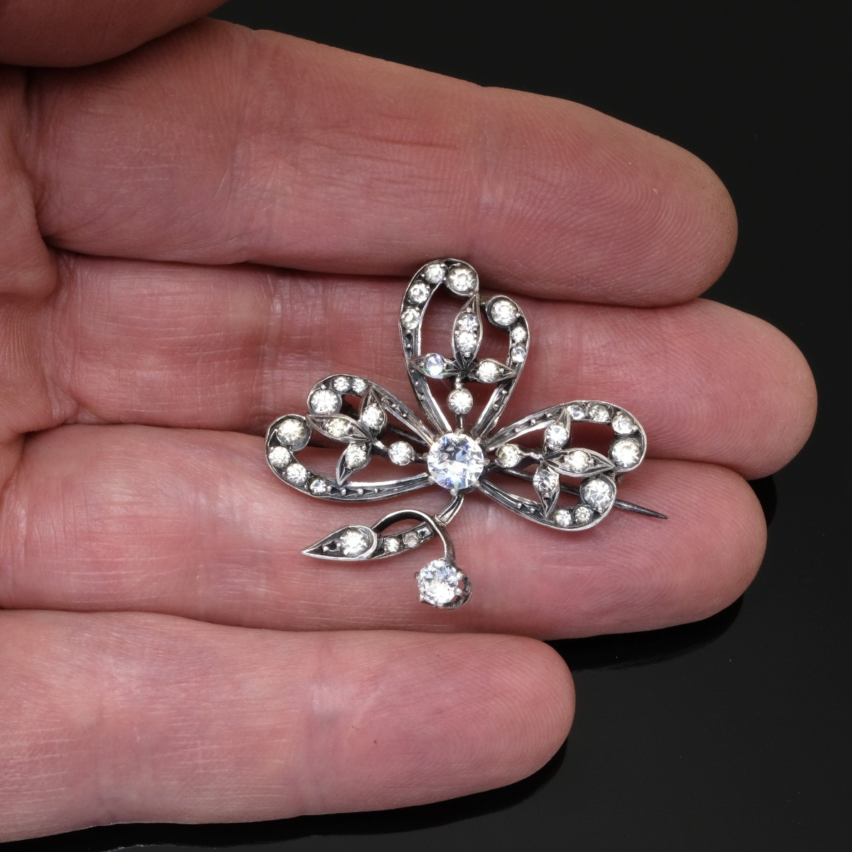 Broche trèfle 19ème siècle argent et cristaux dans son écrin ancien-photo-5