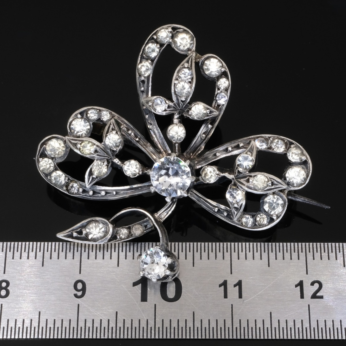 Broche trèfle 19ème siècle argent et cristaux dans son écrin ancien-photo-6