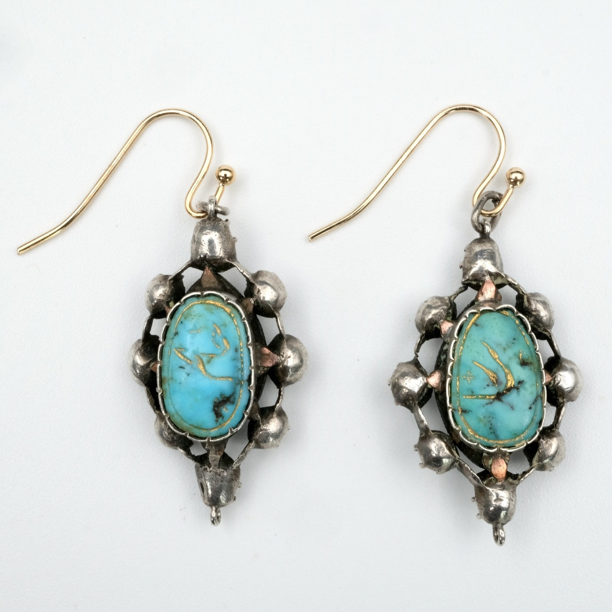 Boucles d'oreilles réversibles 18ème argent, diamants, turquoises-photo-2