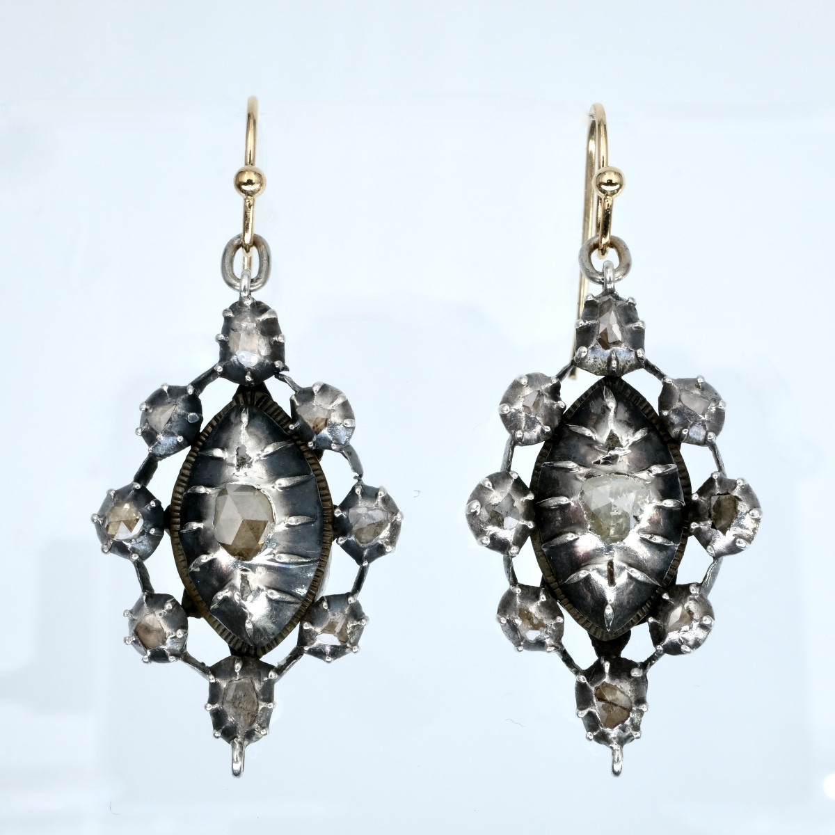 Boucles d'oreilles réversibles 18ème argent, diamants, turquoises-photo-3