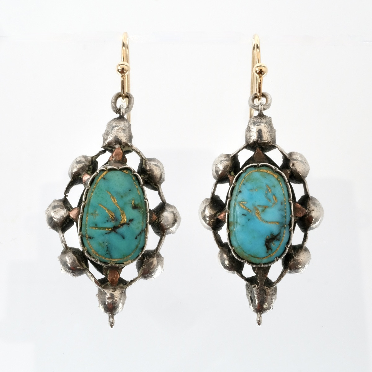 Boucles d'oreilles réversibles 18ème argent, diamants, turquoises-photo-4