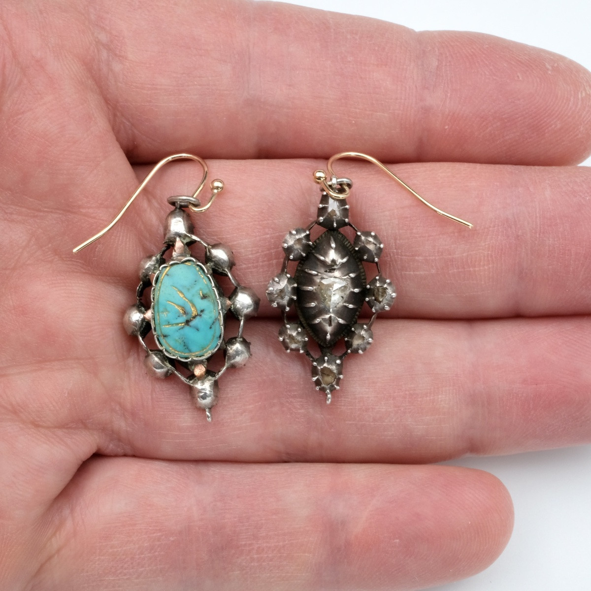 Boucles d'oreilles réversibles 18ème argent, diamants, turquoises-photo-4