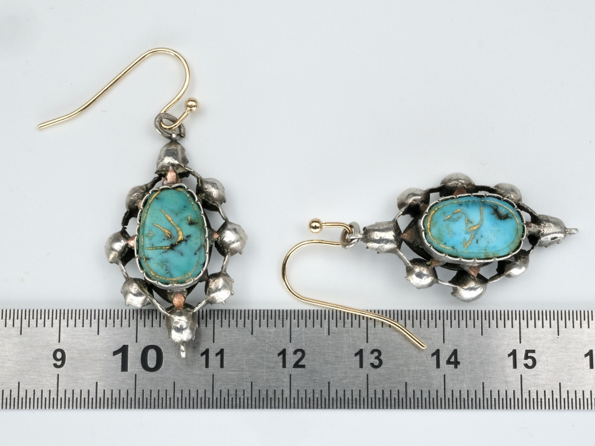 Boucles d'oreilles réversibles 18ème argent, diamants, turquoises-photo-5