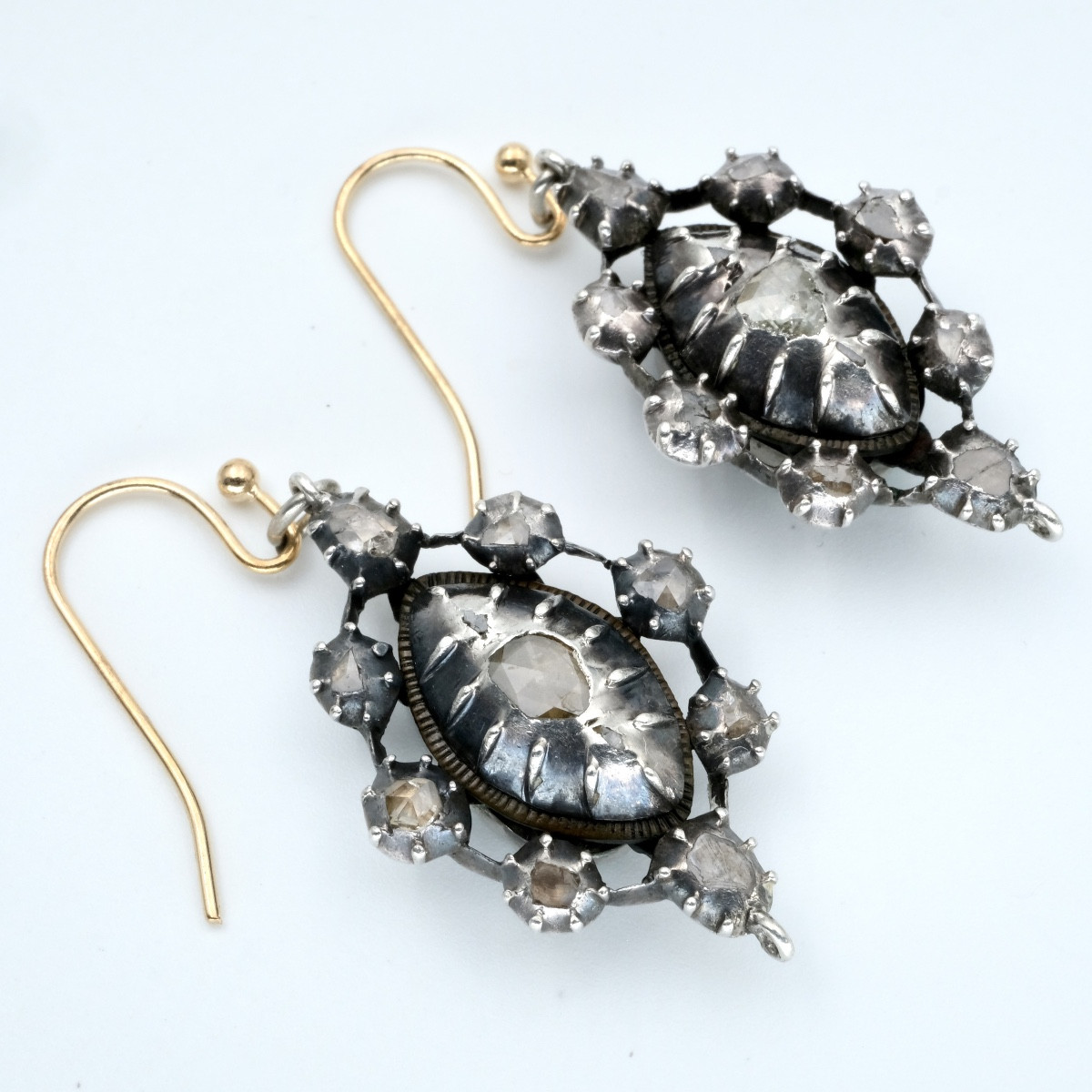 Boucles d'oreilles réversibles 18ème argent, diamants, turquoises-photo-1