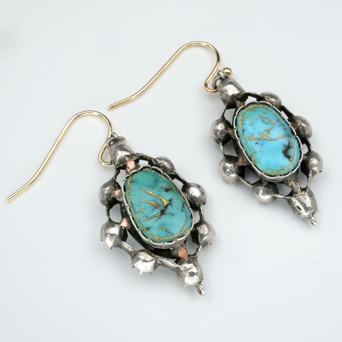 Boucles d'oreilles réversibles 18ème argent, diamants, turquoises-photo-2