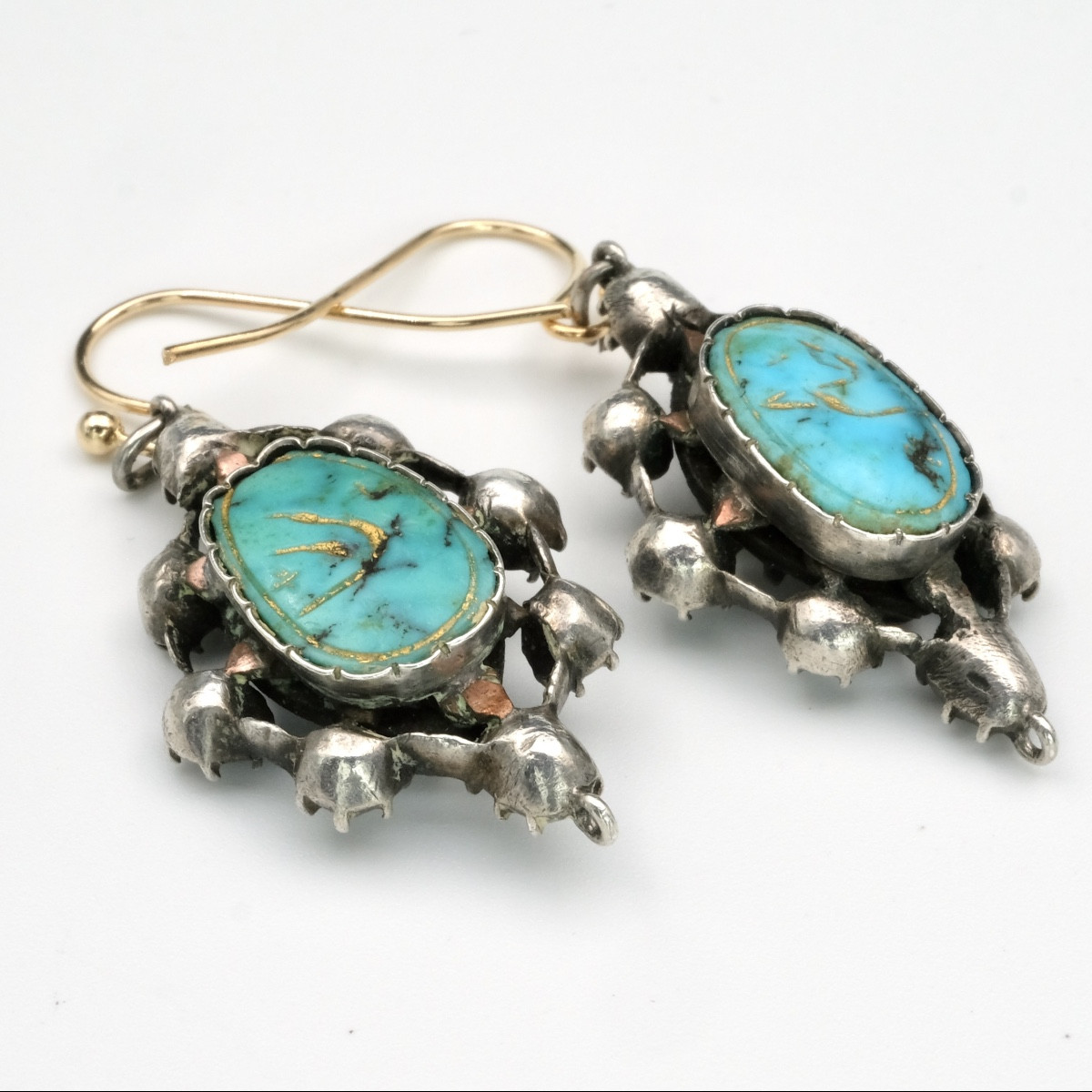 Boucles d'oreilles réversibles 18ème argent, diamants, turquoises-photo-3