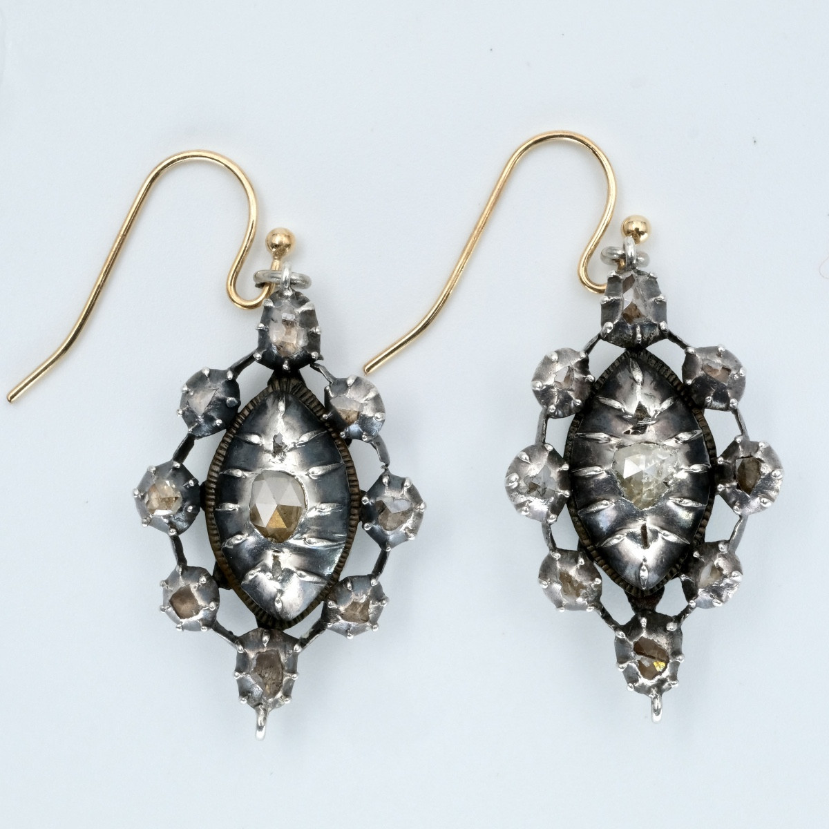 Boucles d'oreilles réversibles 18ème argent, diamants, turquoises