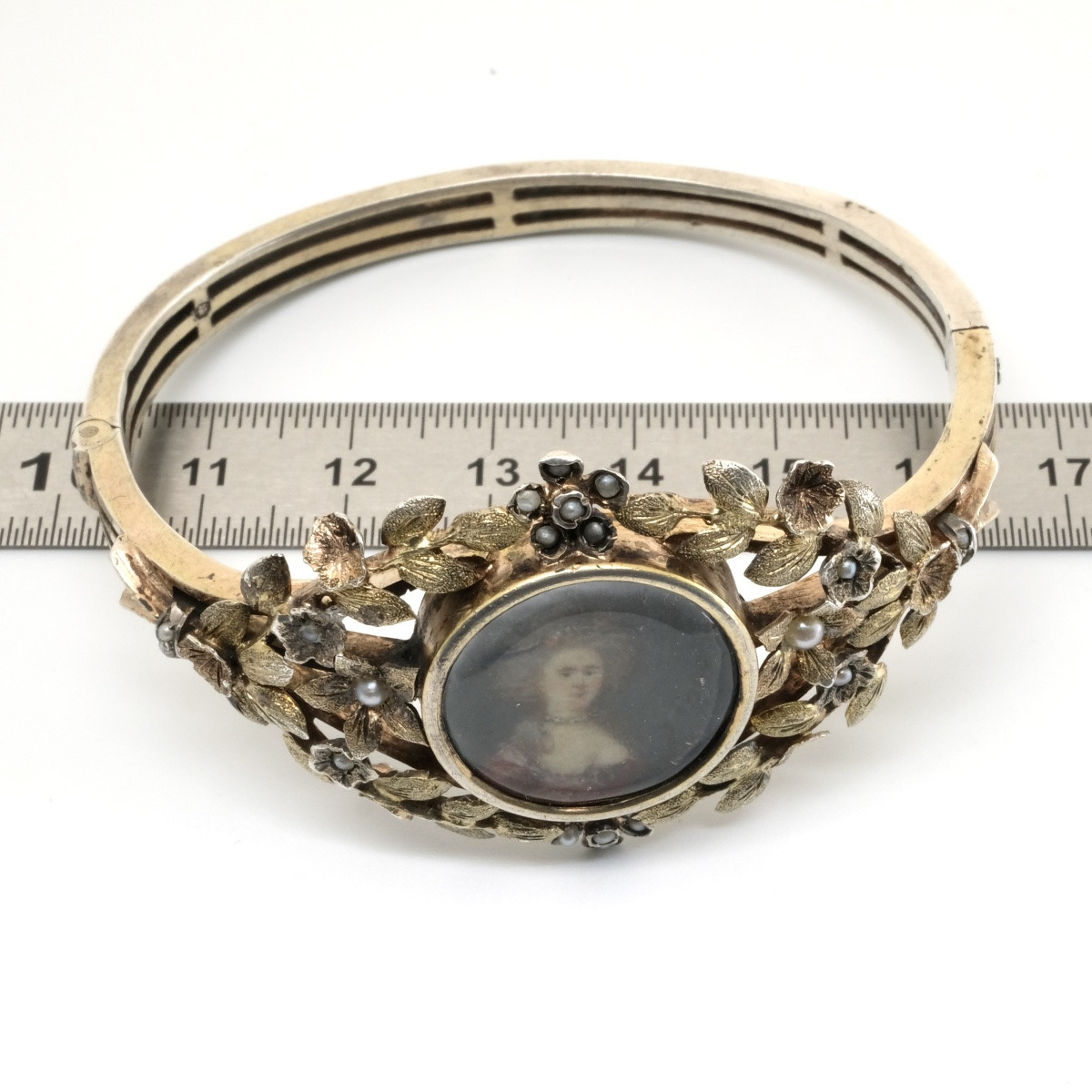 Bracelet Napoléon III vermeil, perles, miniature de dame-photo-4