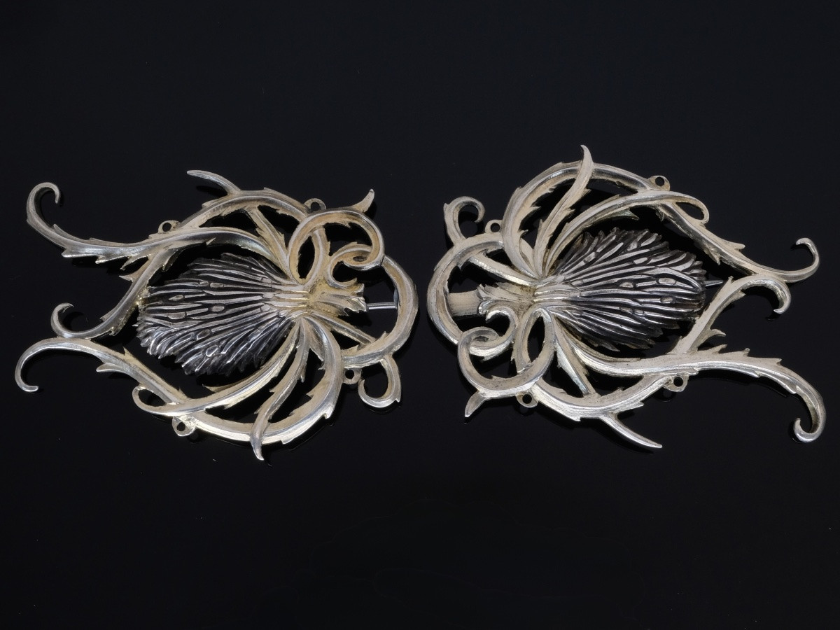 Paire de grandes broches chardon vermeil Art Nouveau Français-photo-2