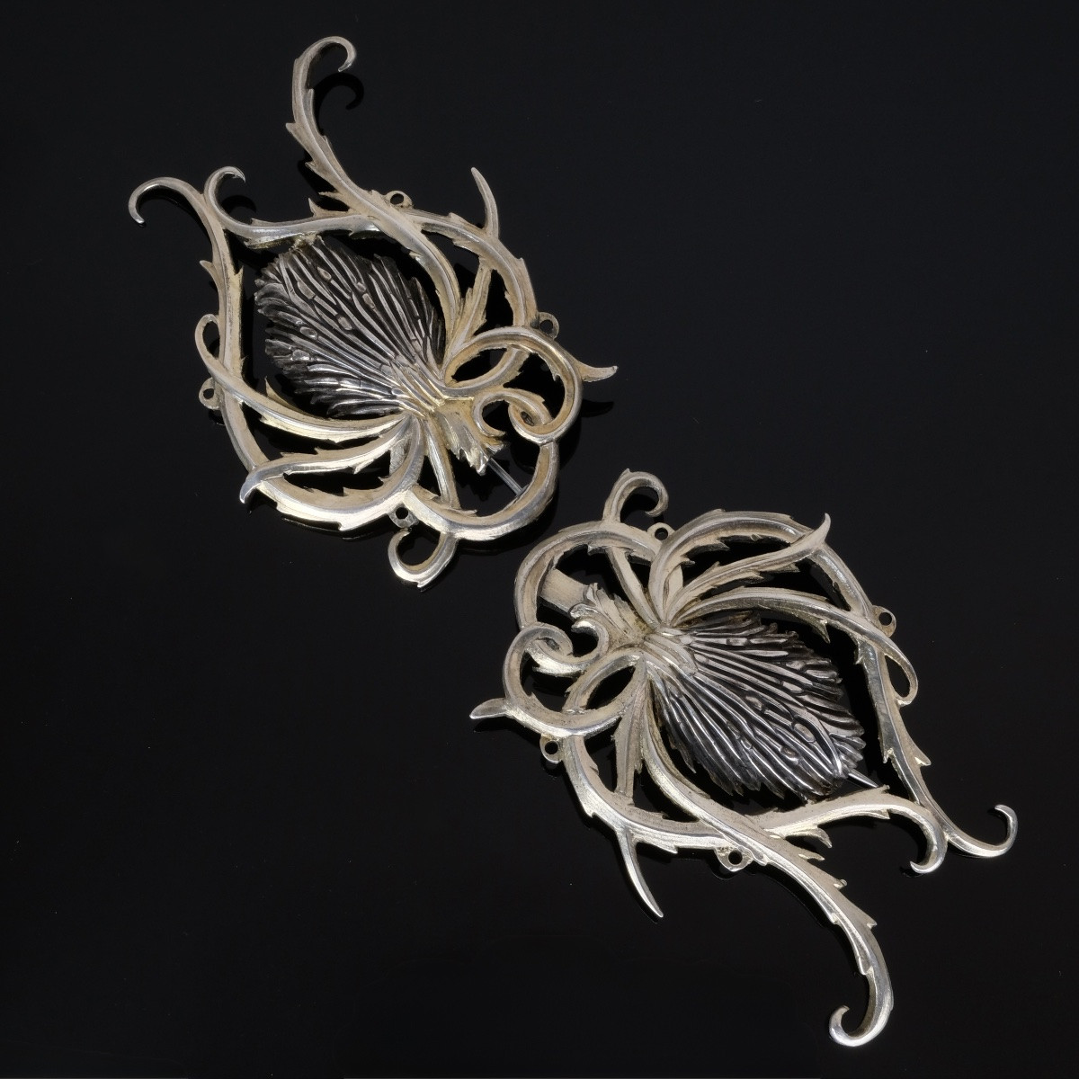 Paire de grandes broches chardon vermeil Art Nouveau Français-photo-3