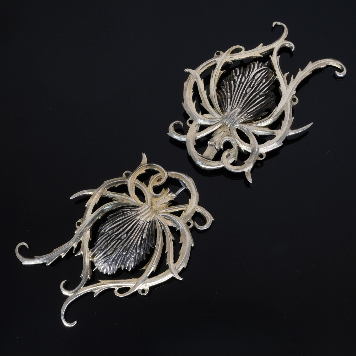 Paire de grandes broches chardon vermeil Art Nouveau Français-photo-4