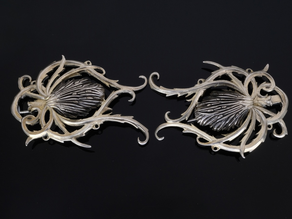 Paire de grandes broches chardon vermeil Art Nouveau Français-photo-1