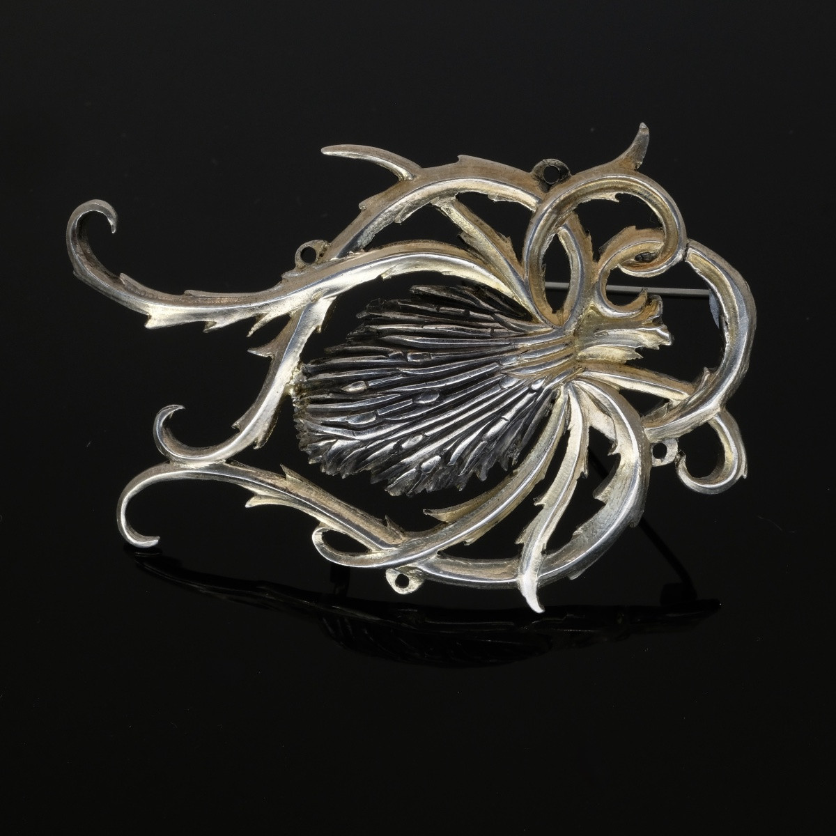 Paire de grandes broches chardon vermeil Art Nouveau Français-photo-3
