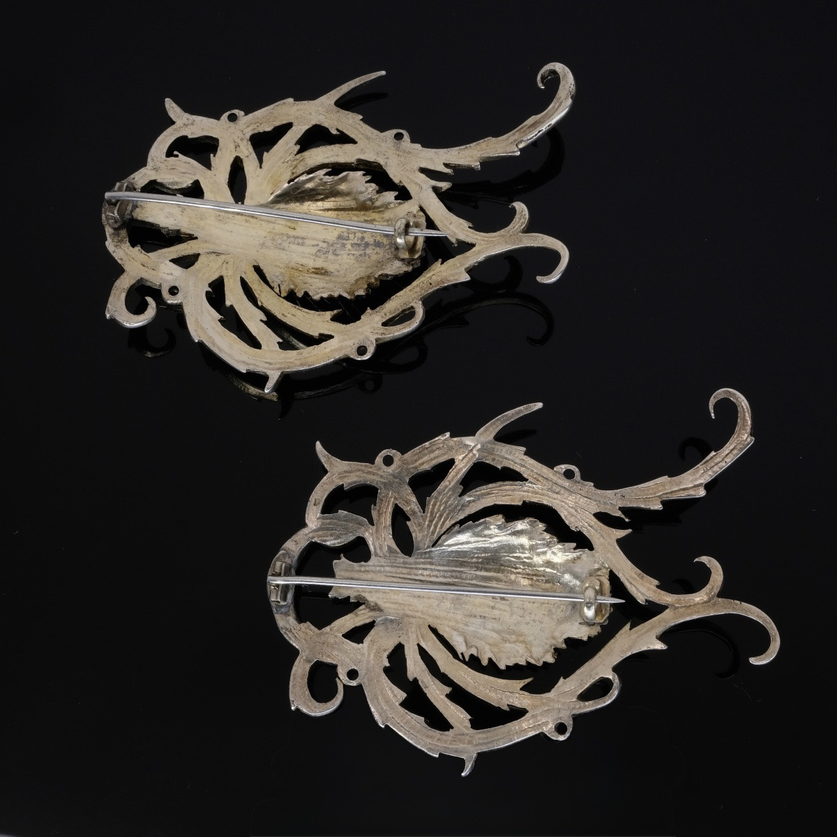 Paire de grandes broches chardon vermeil Art Nouveau Français-photo-4