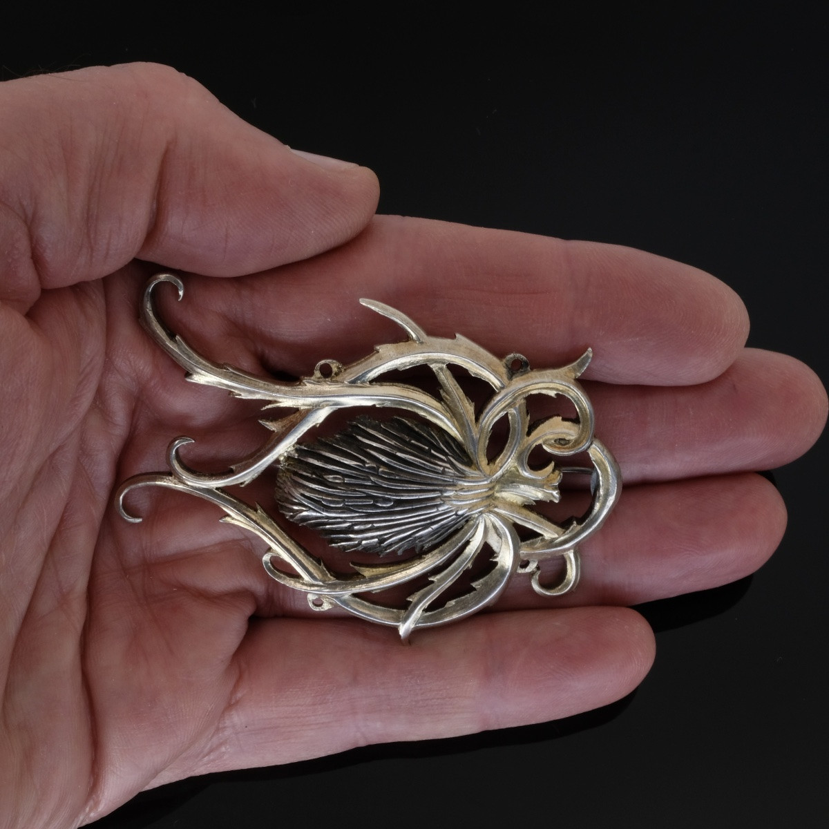 Paire de grandes broches chardon vermeil Art Nouveau Français-photo-6
