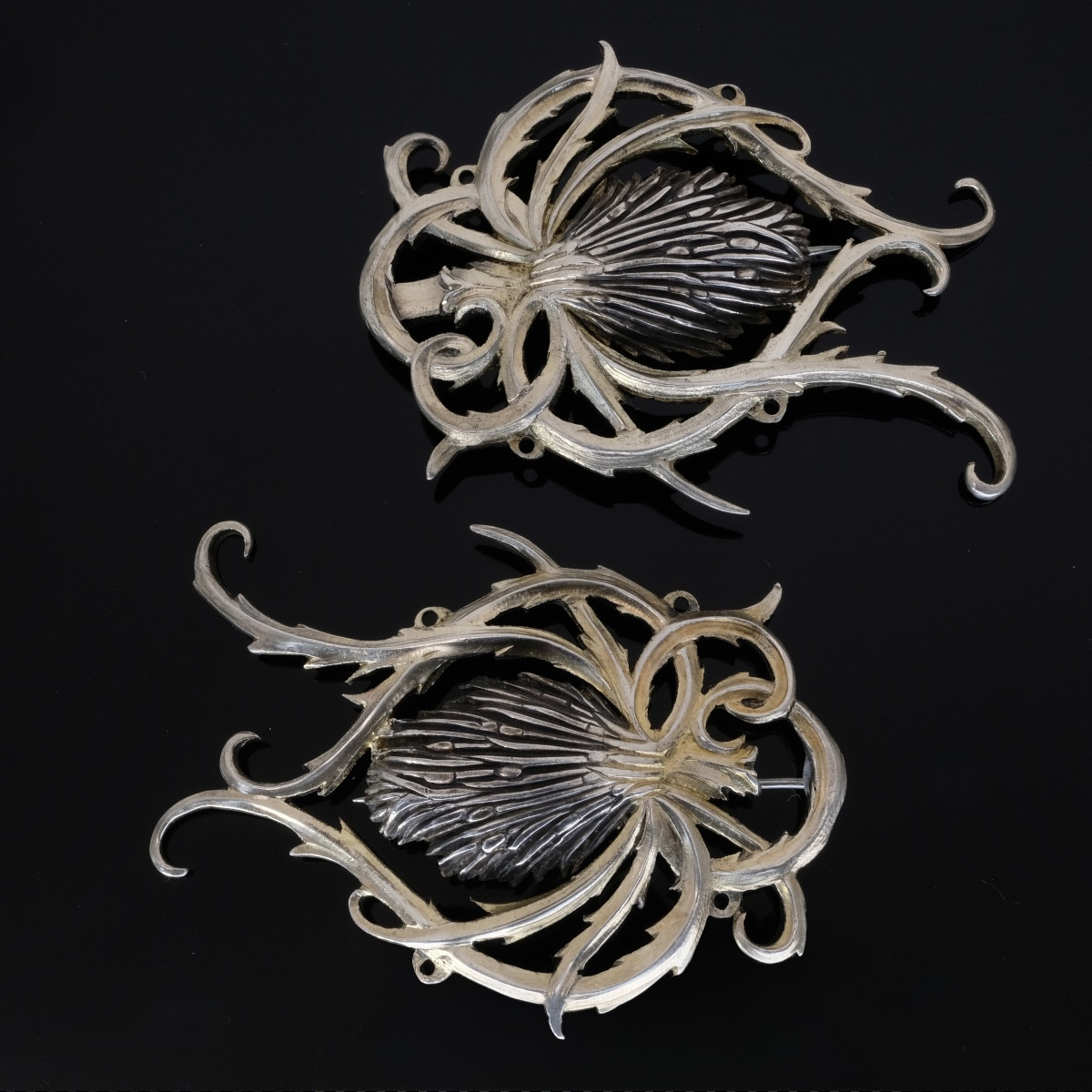 Paire de grandes broches chardon vermeil Art Nouveau Français
