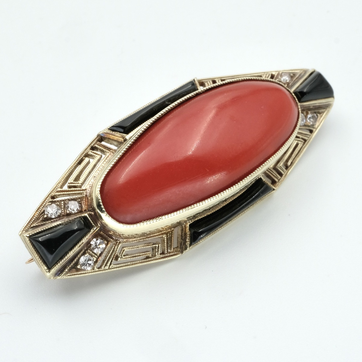 Art Deco Gold, Coral, Diamonds And Onyx Brooch From The 20s-photo-2
