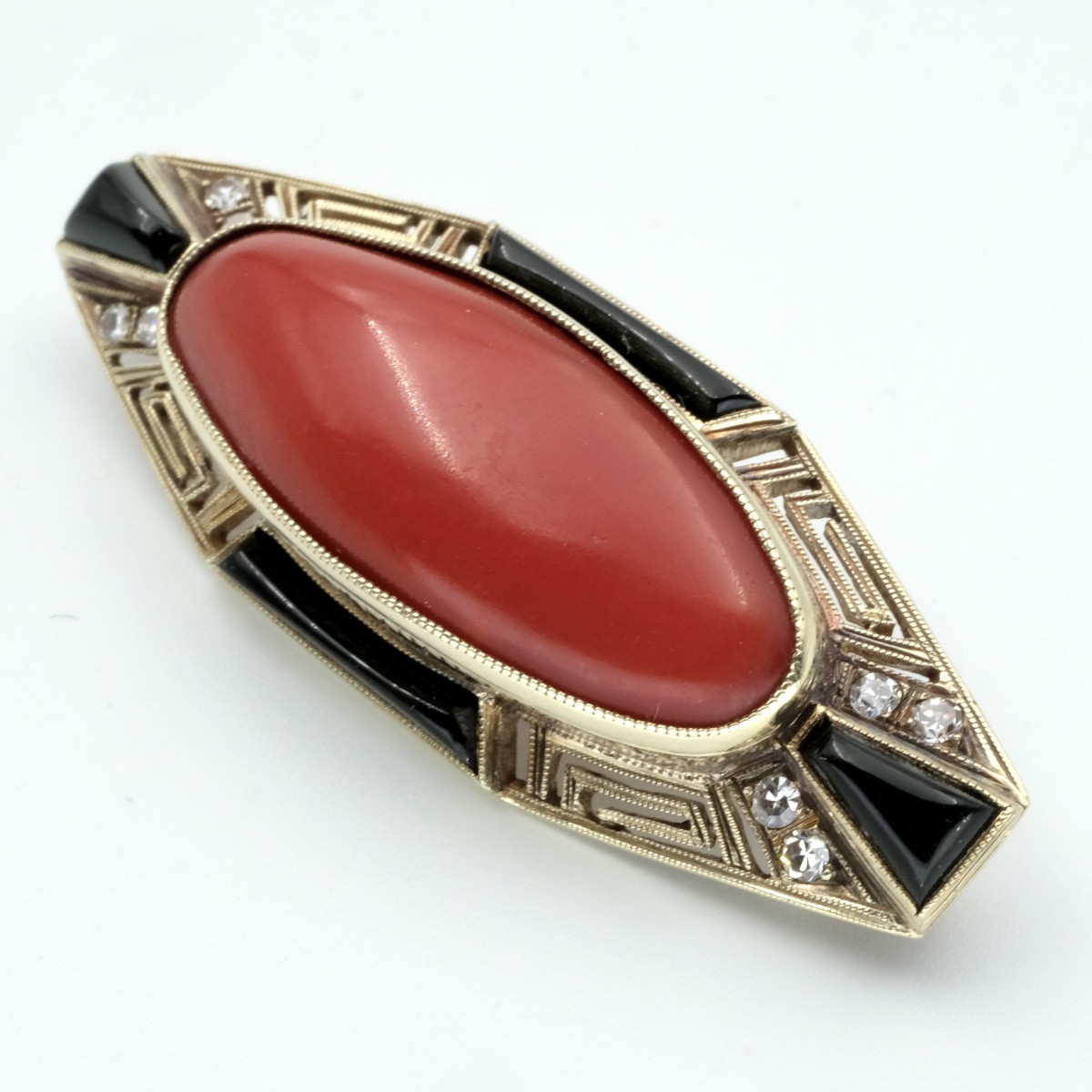 Art Deco Gold, Coral, Diamonds And Onyx Brooch From The 20s-photo-3