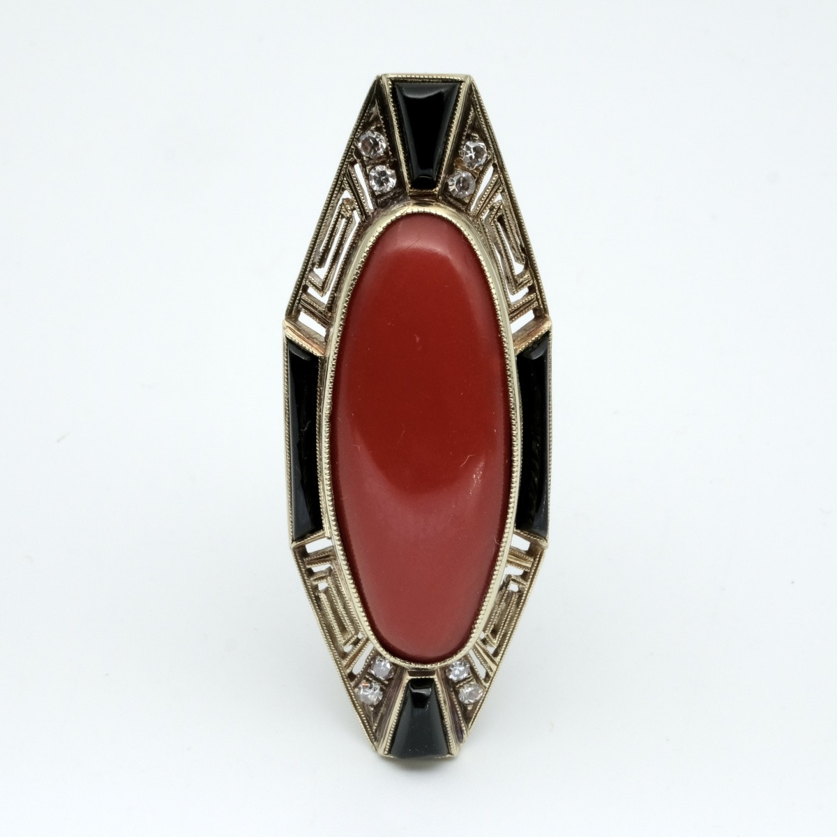 Art Deco Gold, Coral, Diamonds And Onyx Brooch From The 20s-photo-1