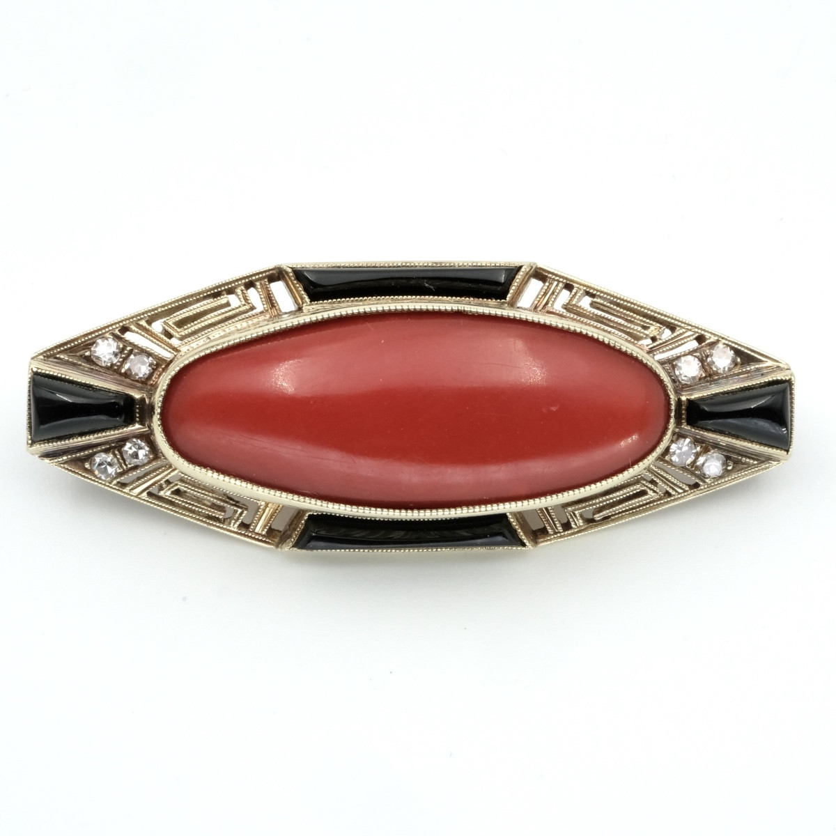 Art Deco Gold, Coral, Diamonds And Onyx Brooch From The 20s