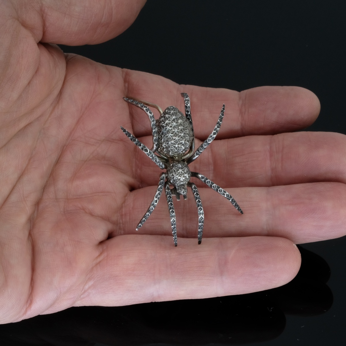 Articulated Spider Brooch In Textured Silver 1880-photo-5