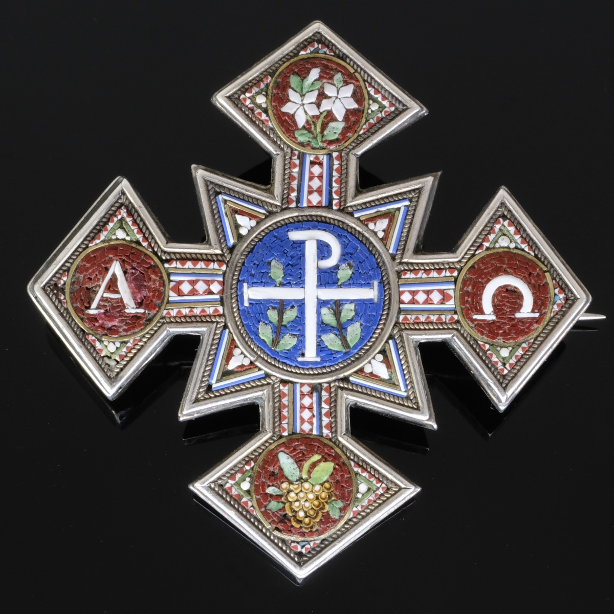 broche croix Micromosaïque Argent époque Napoléon III