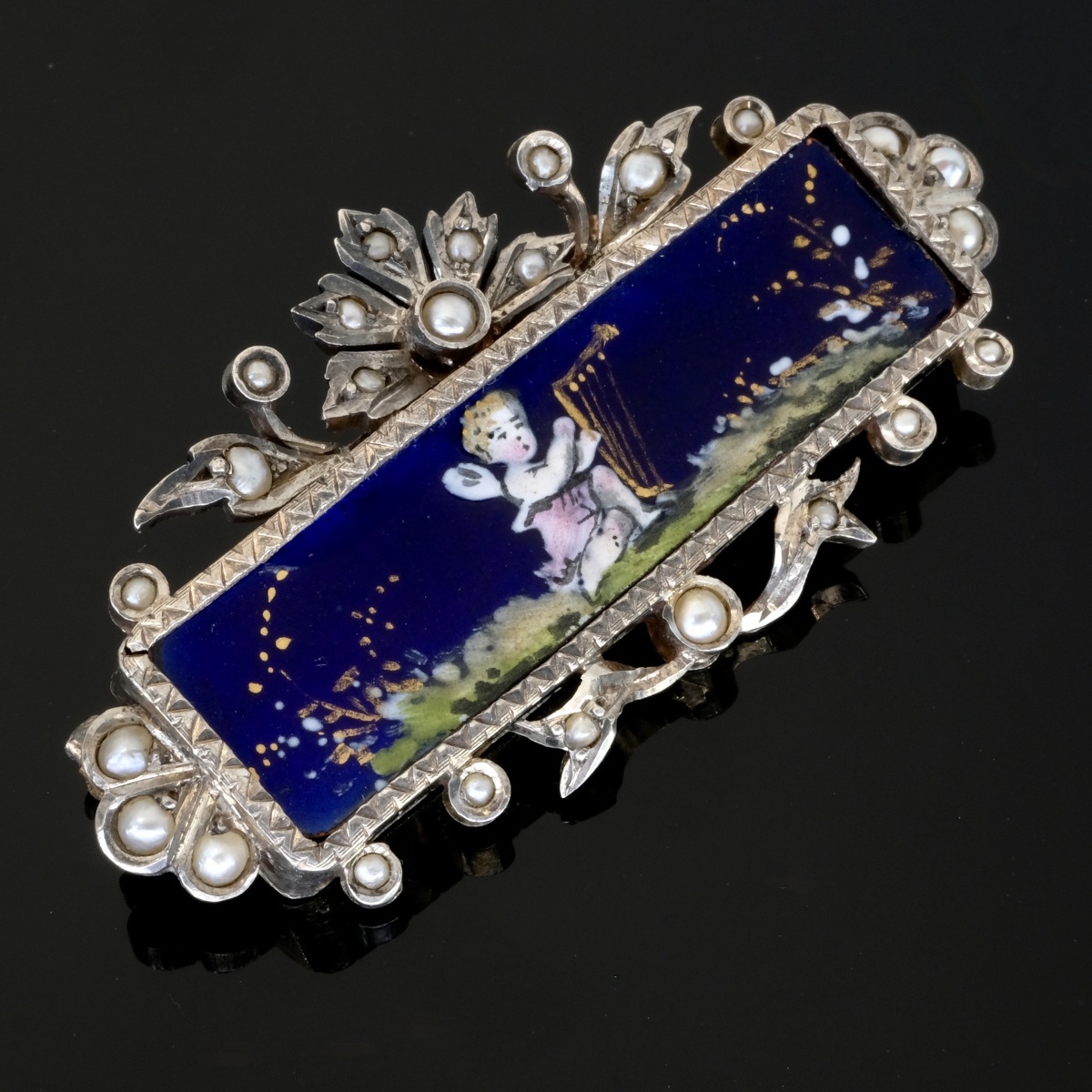 Broche Napoléon III chérubin musicien, Argent Émail et Perles-photo-2