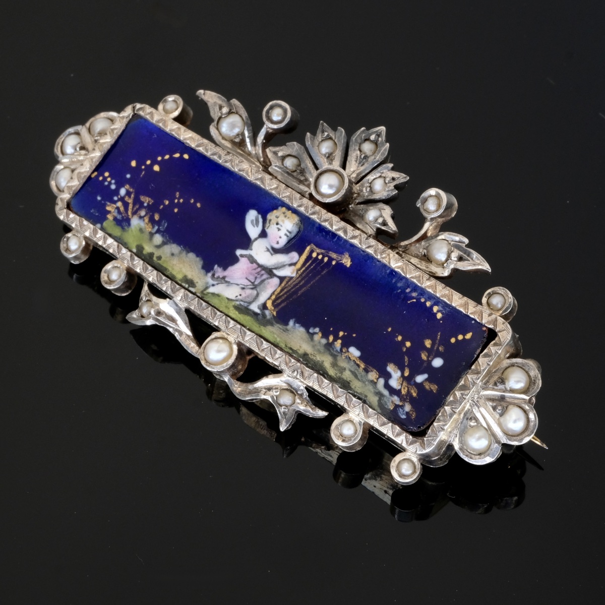 Broche Napoléon III chérubin musicien, Argent Émail et Perles-photo-3