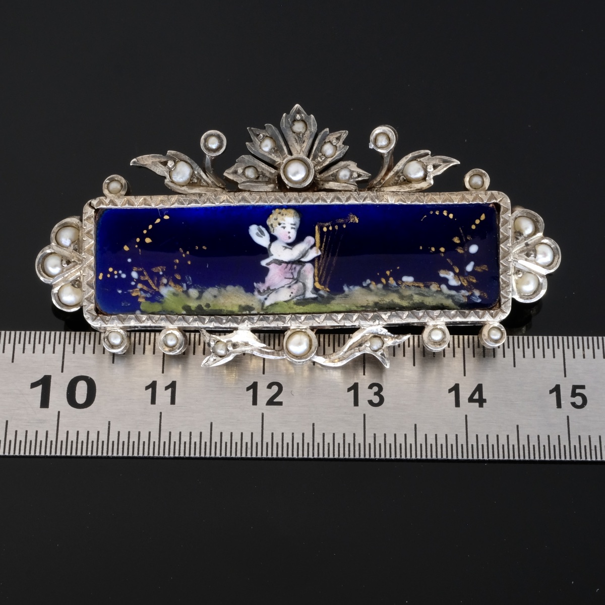 Broche Napoléon III chérubin musicien, Argent Émail et Perles-photo-4