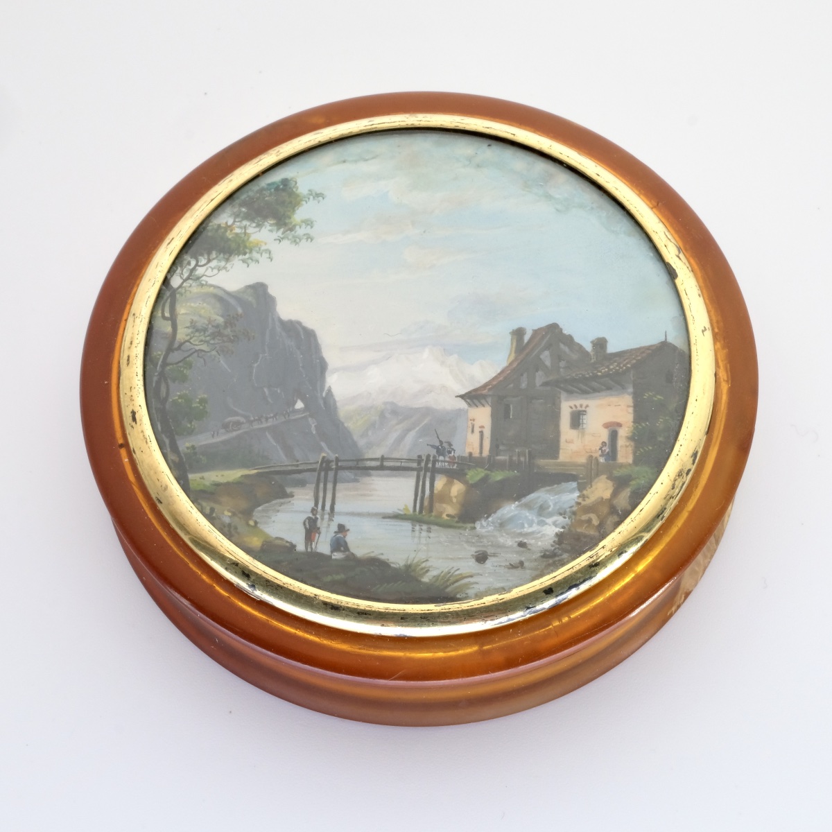 Miniature Blonde Tortoiseshell Box With Animated Landscape, 19th Century