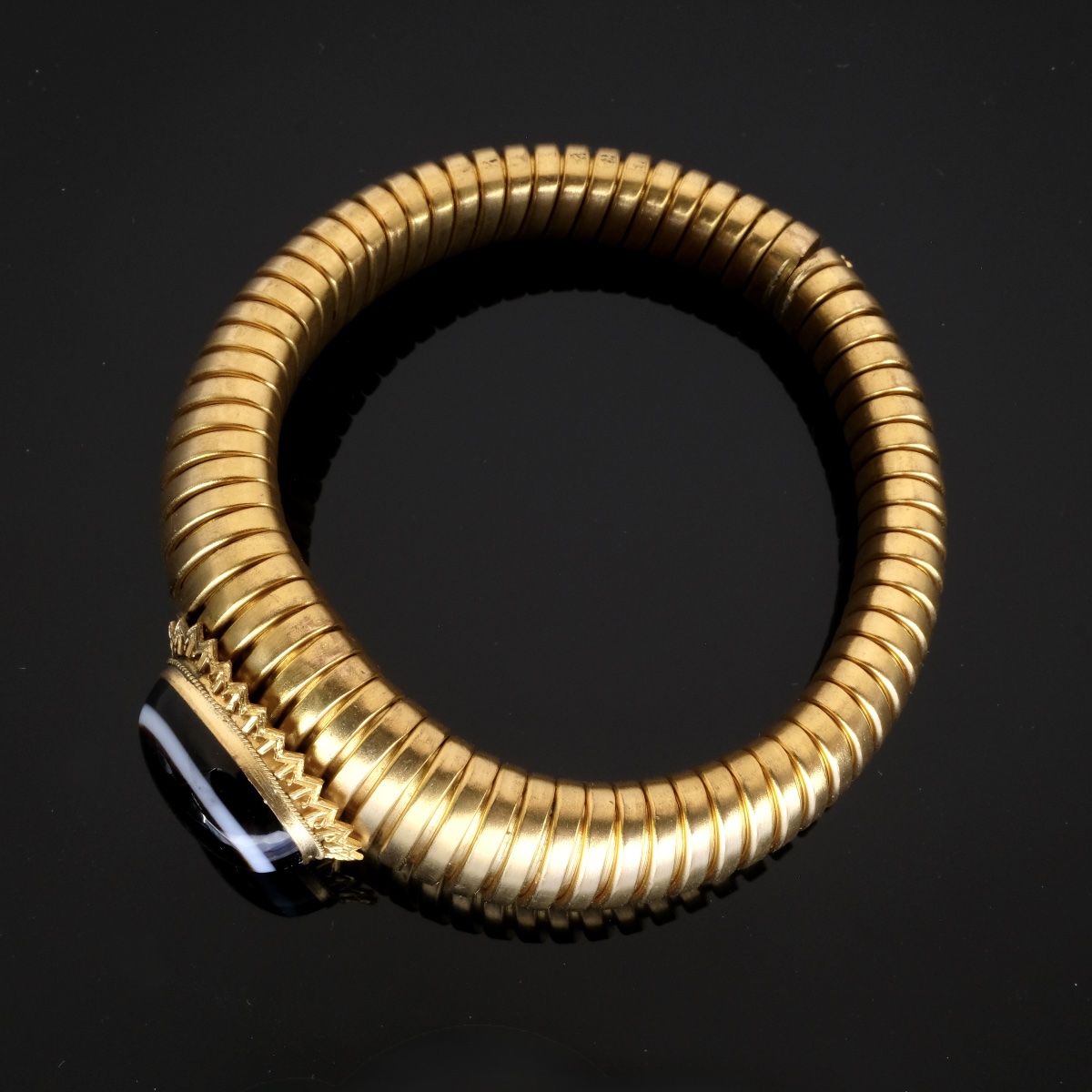 Bracelet Victorien agate zonée "bull's eye" métal doré vers 1870-photo-4