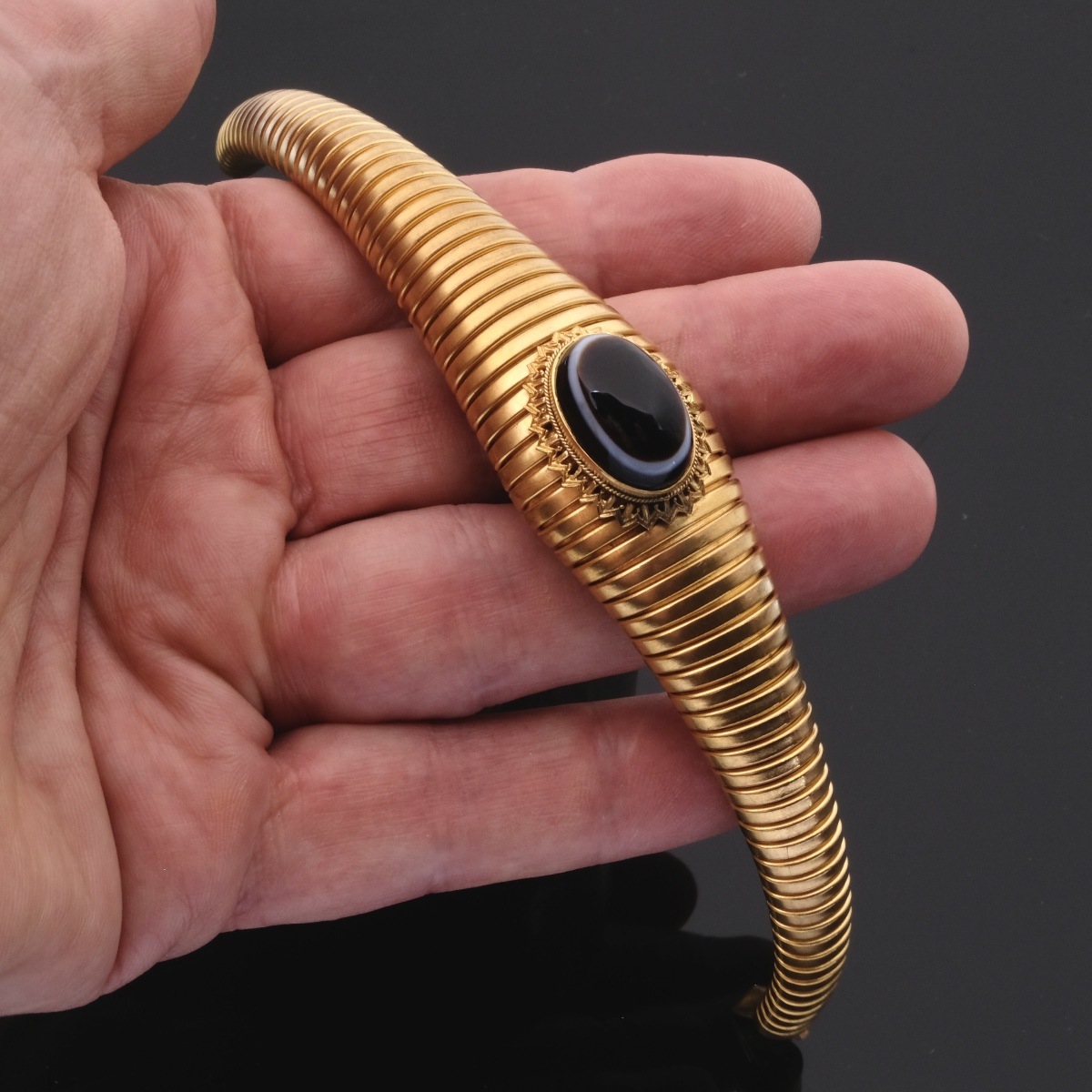 Bracelet Victorien agate zonée "bull's eye" métal doré vers 1870-photo-2