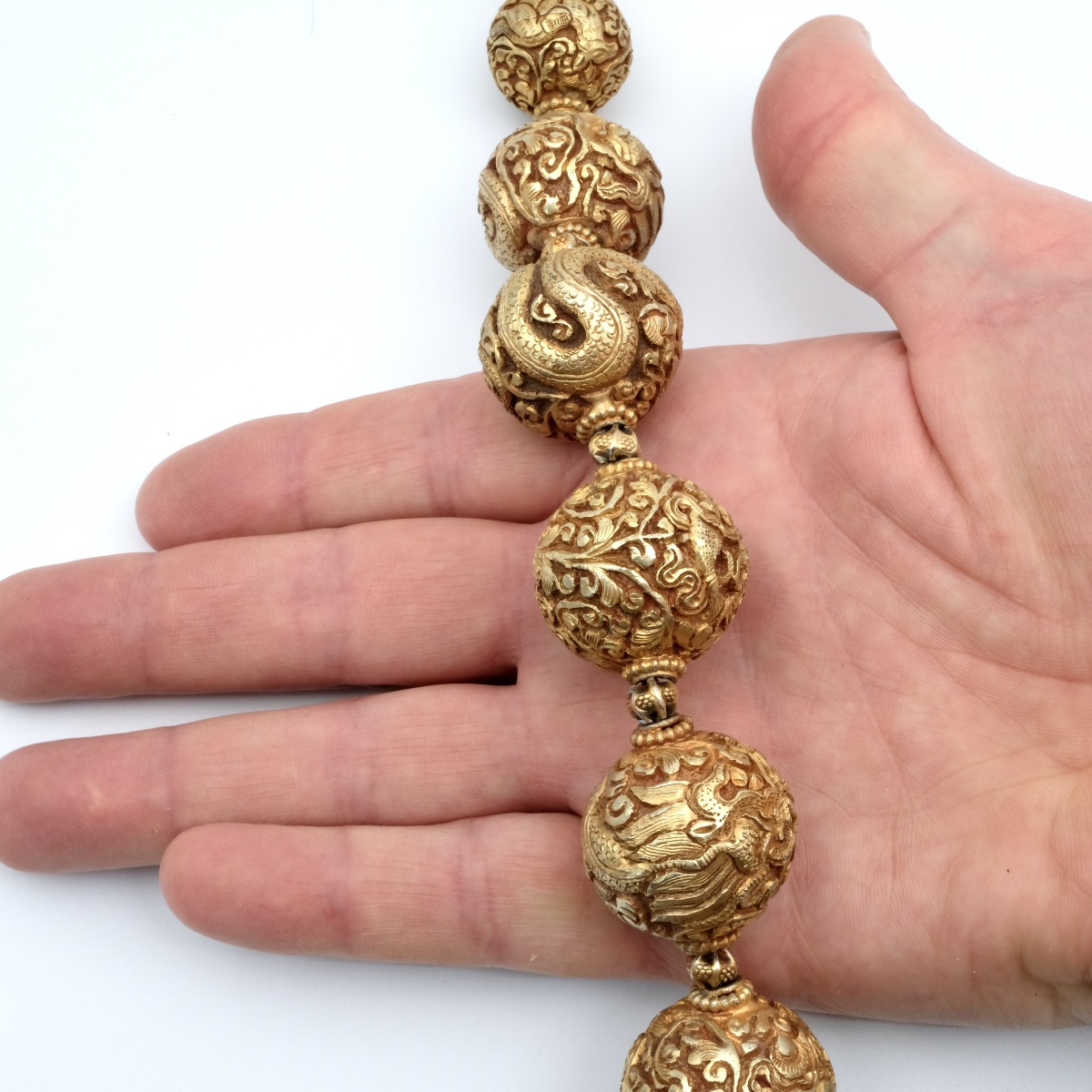 Collier perles bronze plaqué or et vermeil motifs dragons et animaux-photo-4