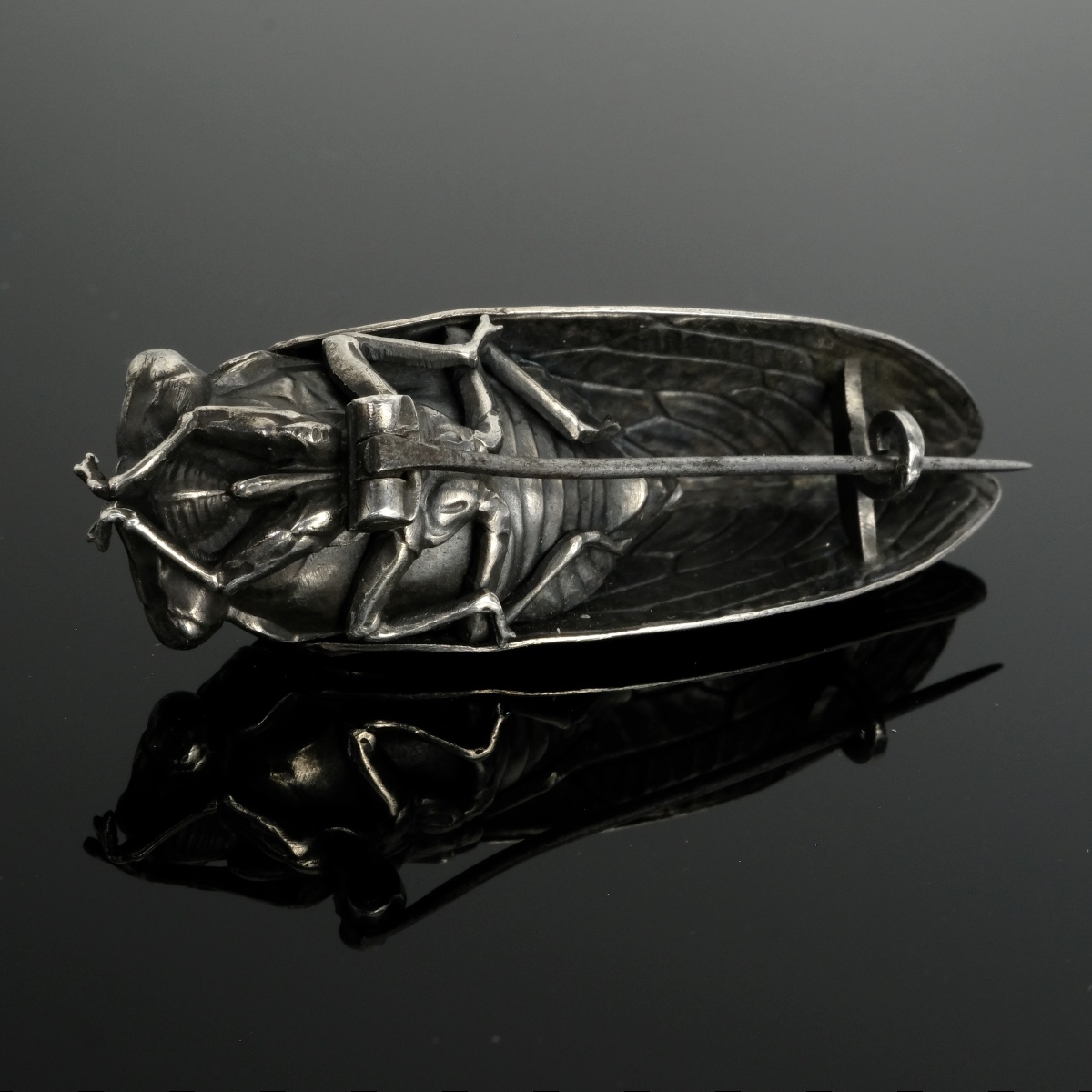 Naturalistic Cicada Brooch, Fine Silver, Late 19th Century-photo-3