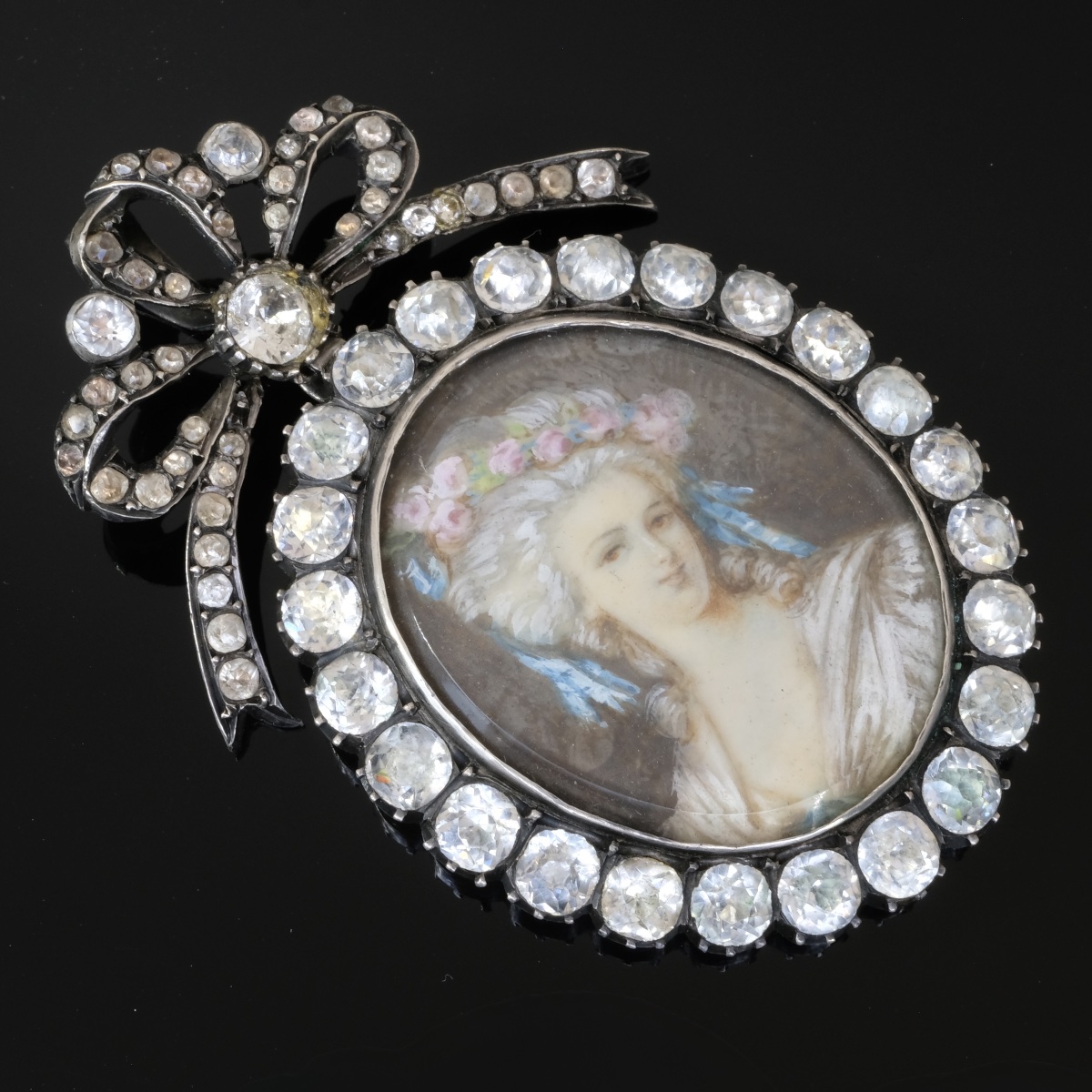 Miniature Silver Bow Pendant With Rhinestones, Napoleon III Style-photo-4