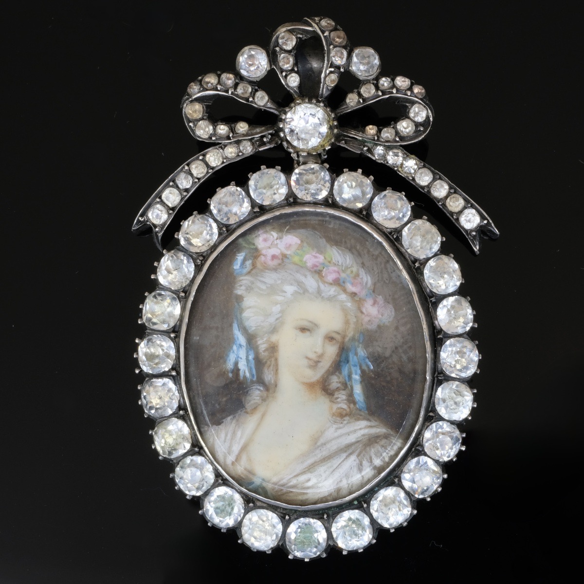 Miniature Silver Bow Pendant With Rhinestones, Napoleon III Style-photo-1