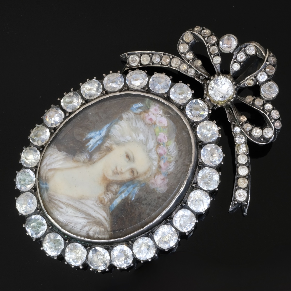 Miniature Silver Bow Pendant With Rhinestones, Napoleon III Style-photo-2