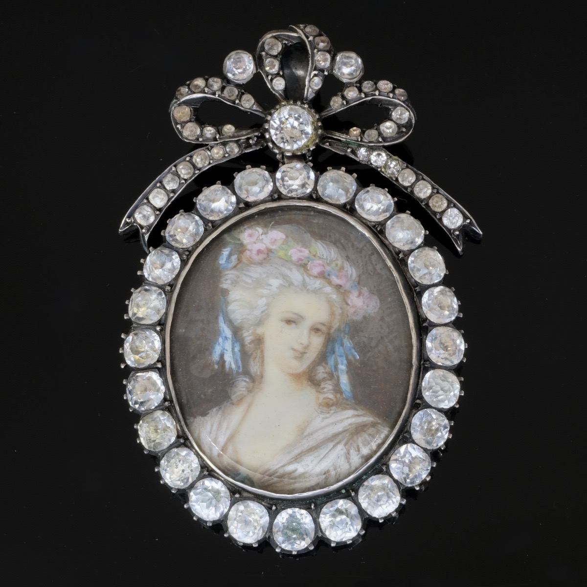 Miniature Silver Bow Pendant With Rhinestones, Napoleon III Style