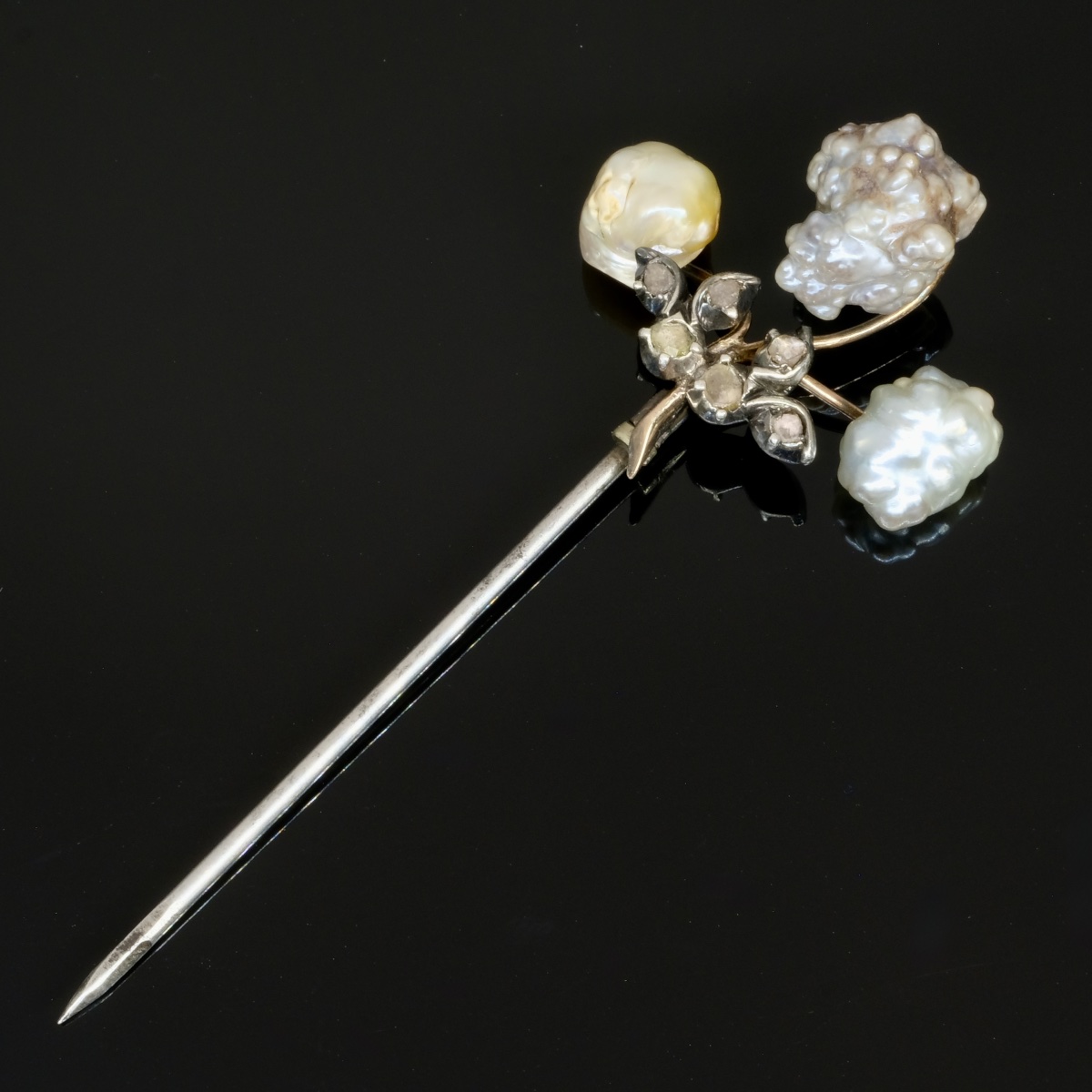 Épingle de revers perles fines baroques et roses diamants début 19ème-photo-3