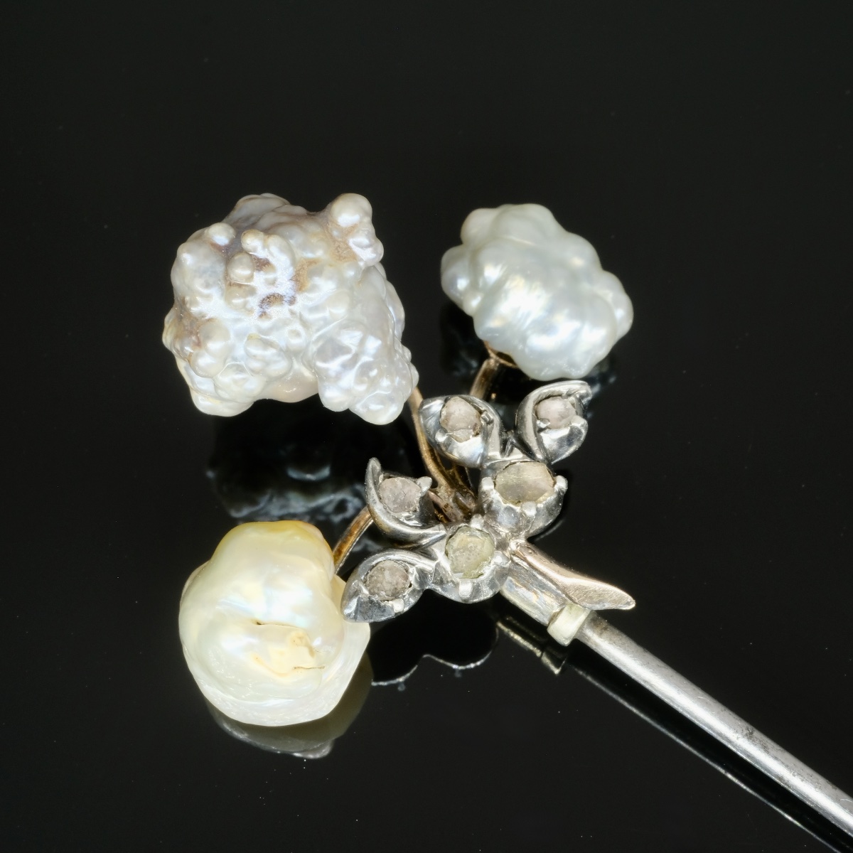 Épingle de revers perles fines baroques et roses diamants début 19ème-photo-4