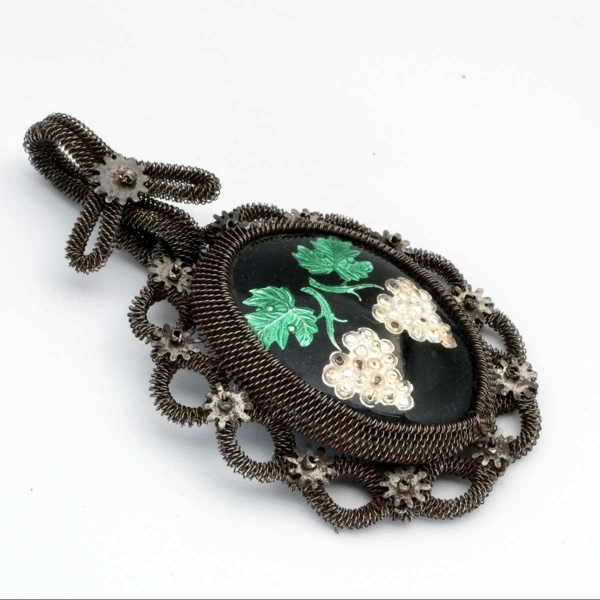 Pendentif fer tissé Silésien émail grappes de raisin 1820-photo-4